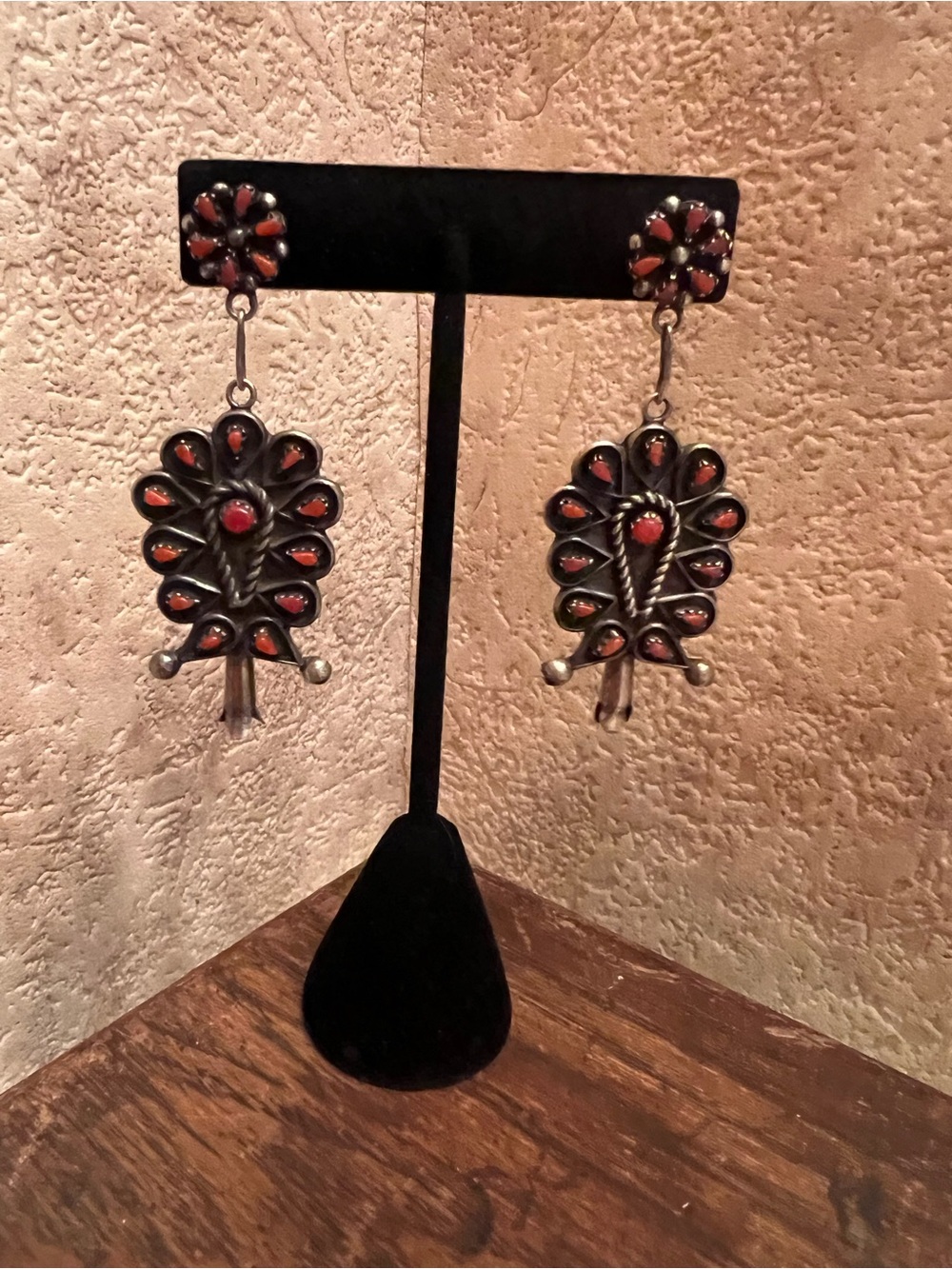 Tom Long Navajo Coral Sterling Silver Squash Blossom Earrings